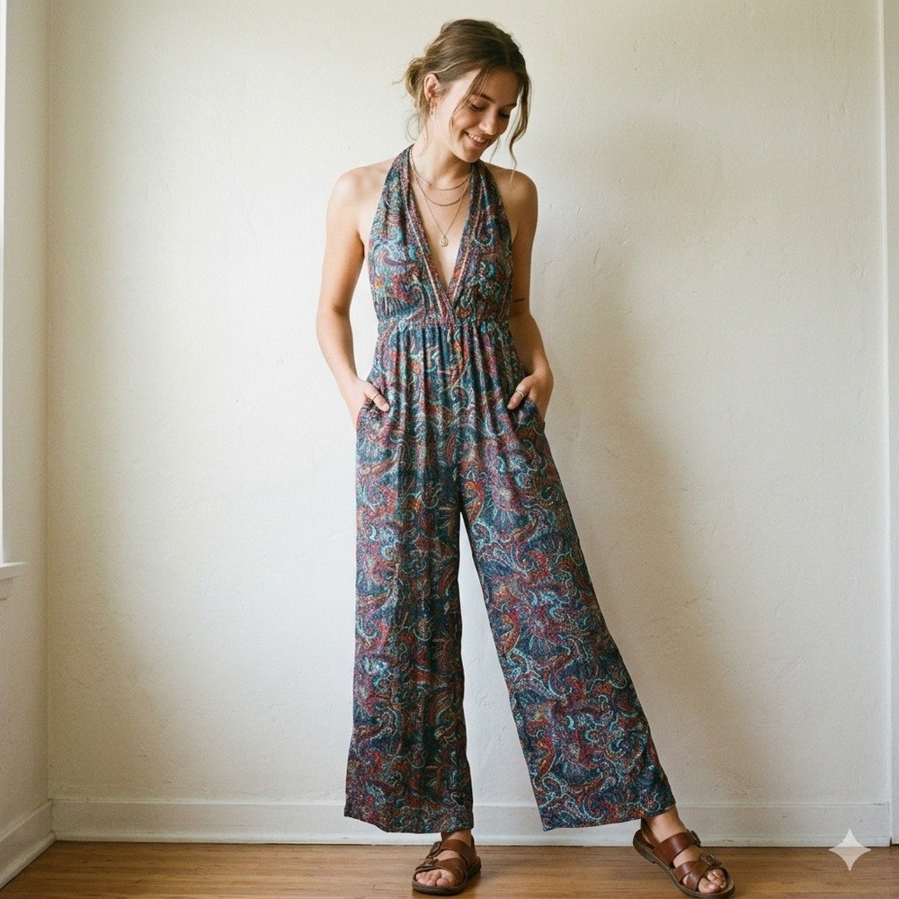 Karma Highway Jumpsuit Women One Size Blue Paisley Halter Wide Leg Boho Festival